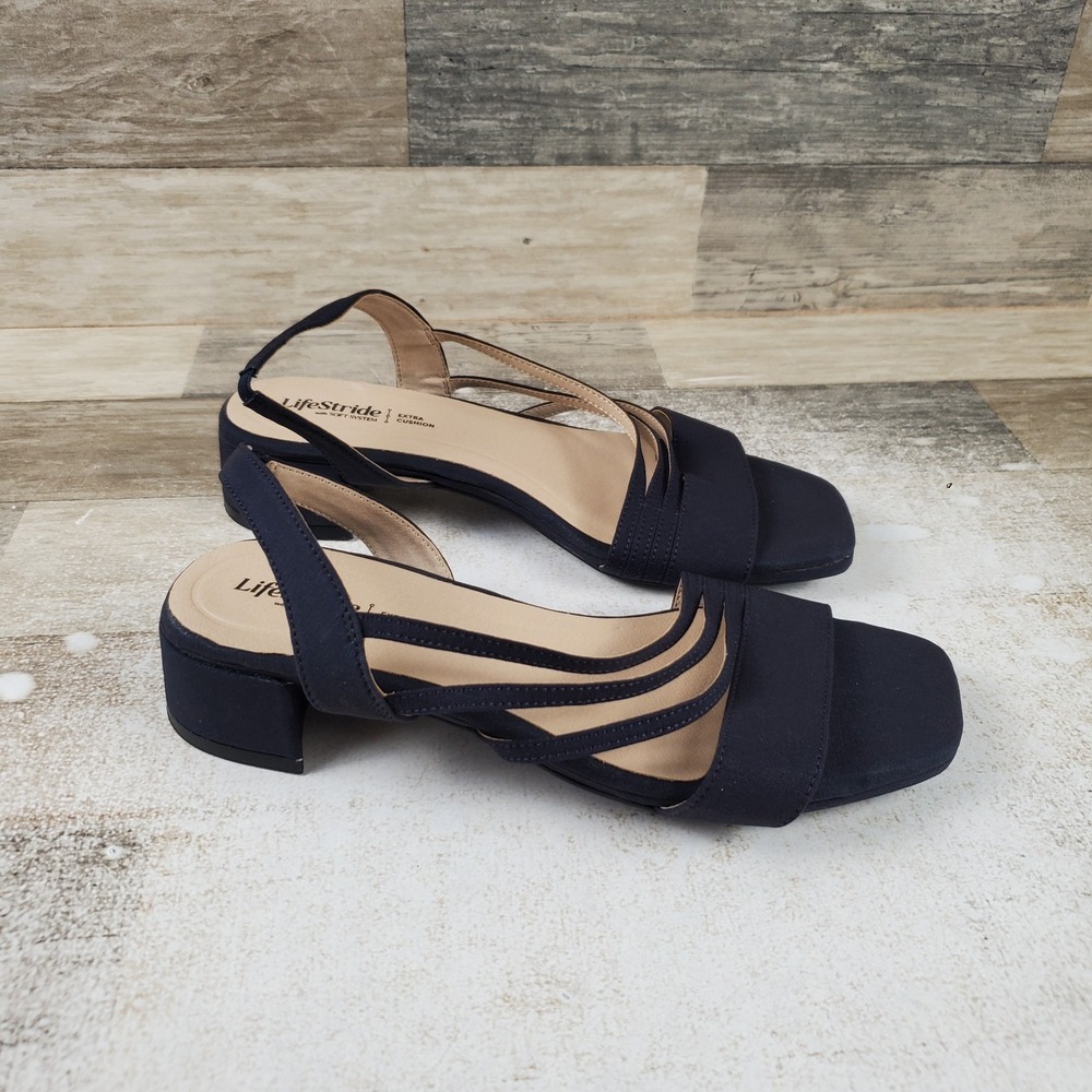 Life Stride Joy 2 Womens Dress Sandals Sz 7 W Navy Blue Slingback Low Block Heel